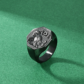 304 Stainless Steel Finger Rings for Men, Octagon with Owl