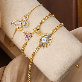 18K Gold Plated Butterfly Evil Eye Bracelet with Zirconia Stones - Exquisite and High-end Women's Jewelry
