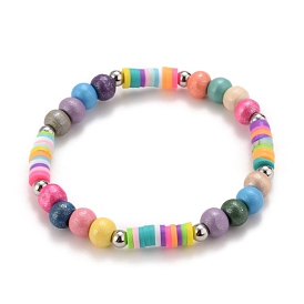 Stretch Bracelets, Including Dyed Natural Wood Beads, Handmade Polymer Clay Disc Beads and 304 Stainless Steel Round Beads