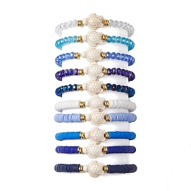 10pcs 10 styles bracelets extensibles panés en verre à facettes et en argile polymère faits à la main, bracelets de perles turquoise synthétiques tortue de plage, pour femmes hommes