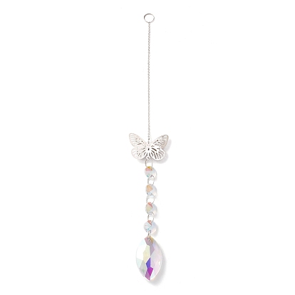 Hanging Suncatcher, Iron & Faceted Glass Pendant Decorations, with Jump Ring, Butterfly