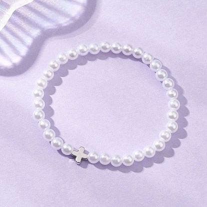АБС-пластик имитация жемчужных бусин эластичные браслеты, украшения из латуни для женщин, круглый и крест, платина