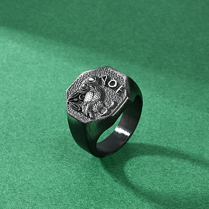 304 Stainless Steel Finger Rings for Men, Octagon with Owl