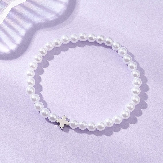 АБС-пластик имитация жемчужных бусин эластичные браслеты, украшения из латуни для женщин, круглый и крест, платина