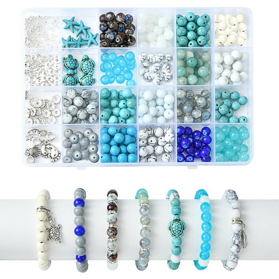 DIY Jewelry Making Finding Kits, Including Glass & Natural & Synthetic Mixed Gemstone Beads, Alloy Beads & Dangle Charms, Iron Spacer Beads, Turtle & Shell & Foot & Moon