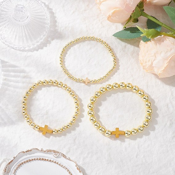 3шт. гальванизированные немагнитные синтетические гематитовые круглые бусины эластичные браслеты для женщин, с крестообразными латунными бусинами