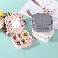 Square Velvet Jewelry Organizer Zipper Boxes, Portable Travel Jewelry Case with Mirror Inside, for Earrings, Necklaces, Rings