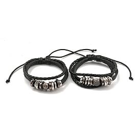 Braided PU Leather & Waxed Cords Triple Layer Multi-strand Bracelets, Alloy Beaded Bracelets