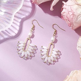 Латунные серьги с натуральным культивированным пресноводным жемчугом, со стеклом и окрашенной натуральной оболочкой, полукруглый, золотые