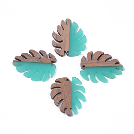Resin & Walnut Wood Pendants, Tropical Leaf Charms, Monstera Leaf