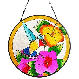 Round Acrylic Stained Window Planel with Chain, Window Suncatcher Home Hanging Ornaments, Hummingbird