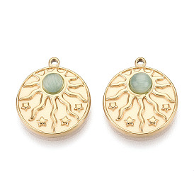 304 подвески из нержавеющей стали и кошачьего глаза, плоские круглые с солнцем