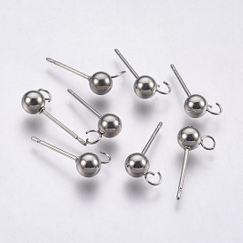 304 Stainless Steel Ball Stud Earring Findings, with Loop, Round