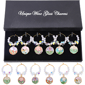 6 шт. подвески для бокалов для вина из эмалированного стекла с цветочным сплавом, с кольцами из латунного бокала