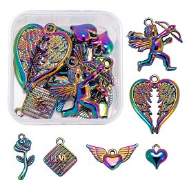 12Pcs 6 Style Alloy Pendants, Cadmium Free & Nickel Free & Lead Free, Heart Shape Wings & Heart & Flower & Rhombus with Love & Cupid