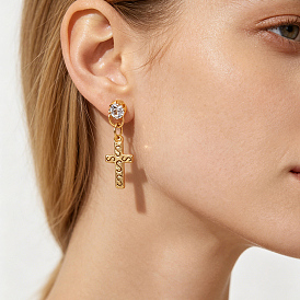 Pendientes colgantes de acero inoxidable con circonitas cúbicas engastadas para mujer., cruzar