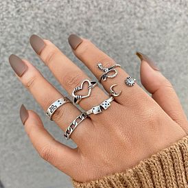 Retro Snake Dice Ring Set with 6 Pieces, Hollow Heart Chain Joint Rings