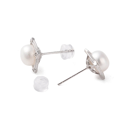 925 Sterling Silver Studs Earring, with Cubic Zirconia and Natural Pearl, Square