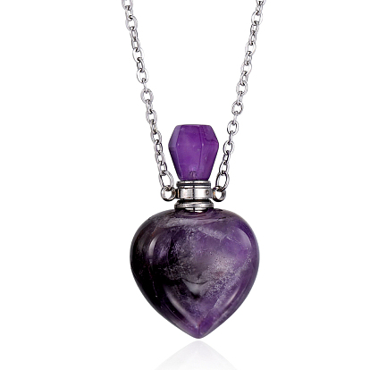1Colgantes de frascos de perfume con forma de corazón y piedras preciosas naturales (pc), con cadenas de aleación, dorado