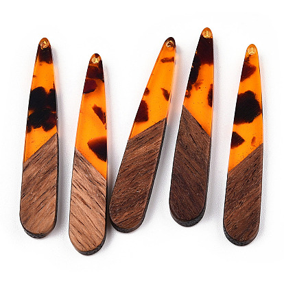 Transparent Resin & Walnut Wood Pendants, Teardrop Charms