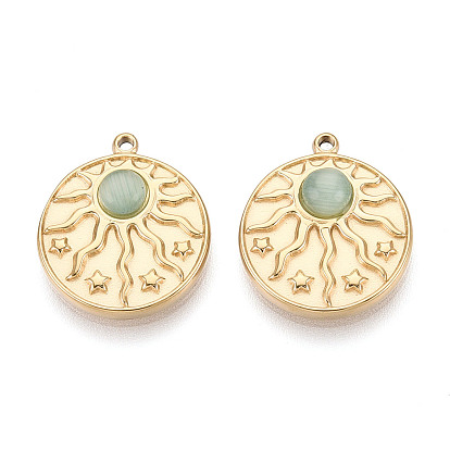 304 подвески из нержавеющей стали и кошачьего глаза, плоские круглые с солнцем