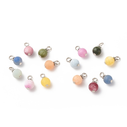 7Pcs 7 Styles Gemstone Charms, Natural White Jade & TaiWan Jade & Blue Aventurine & Aquamarine, Frosted, with Antique Silver & Platinum Alloy and Iron Findings, Mixed Dyed and Undyed, Round