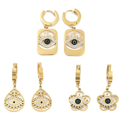 Real 18K Gold Plated 304 Stainless Steel Dangle Earrings, Evil Eye Rhinestone Hoop Earrings for Women