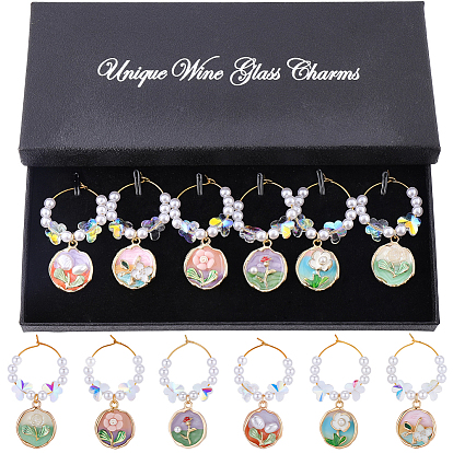 6 шт. подвески для бокалов для вина из эмалированного стекла с цветочным сплавом, с кольцами из латунного бокала