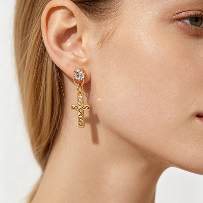 Pendientes colgantes de acero inoxidable con circonitas cúbicas engastadas para mujer., cruzar