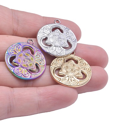 Stainless Steel Pendants, Flat Round with Sailor's Knot Charms