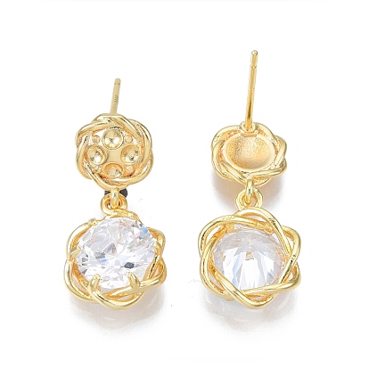 Clear Cubic Zirconia Lotus Flower Dangle Stud Earrings, Brass Jewelry for Women, Nickel Free