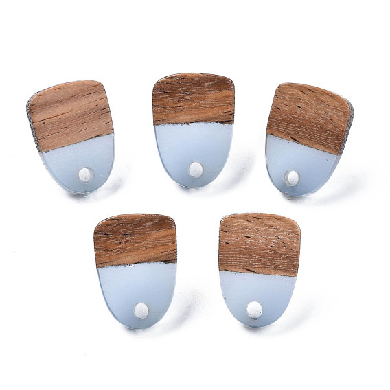 Transparent Resin & Walnut Wood Stud Earring Findings, with 304 Stainless Steel Pin and Hole, Two Tone, Half Oval