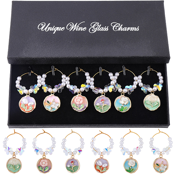 6 шт. подвески для бокалов для вина из эмалированного стекла с цветочным сплавом, с кольцами из латунного бокала