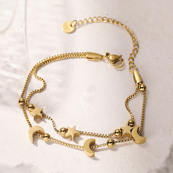 304 Многорядные браслеты из нержавеющей стали с цепочкой-коробкой для женщин, Луна и звезды
