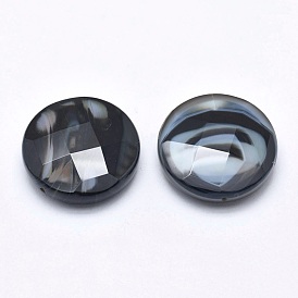 Natural Black Agate Beads, Faceted, Dyed & Heated, Flat Round