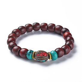 Rondelle Sandalwood Mala Bead Bracelets, with Synthetic Turquoise & Indonesia Beads, Buddhist Jewelry, Stretch Bracelets