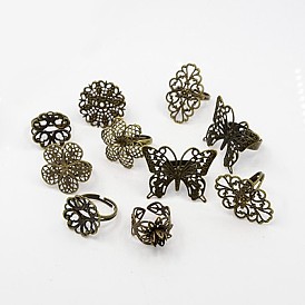 Adjustable Brass Filigree Ring Components, Mixed Style, 17~18mm