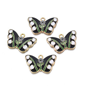 Alloy Enamel Pendants, Cadmium Free & Nickel Free & Lead Free, Light Gold, Butterfly with Tulip