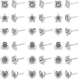 Unicraftale 120Pcs Heart & Flower & Star & Square 304 Stainless Steel Ear Stud Components, for Pointed Back Rivoli Rhinestone