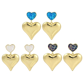 Rack Plating Heart Brass Dangle Stud Earrings, with Synthetic Opal, Cadmium Free & Lead Free, Long-Lasting Plated, Mixed Color