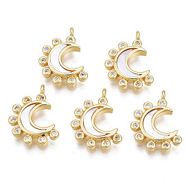 Brass Micro Pave Clear Cubic Zirconia Charms, with Shell, Cadmium Free & Nickel Free & Lead Free, Moon