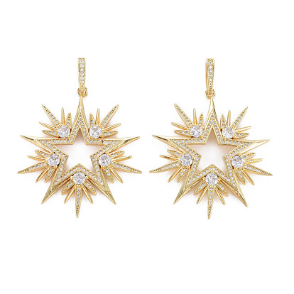 Brass Micro Pave Clear Cubic Zirconia Pendants, Nickel Free, Star