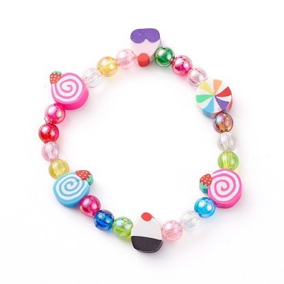 Stretch Kids Bracelets, with Eco-Friendly Transparent Acrylic and Polymer Clay Beads