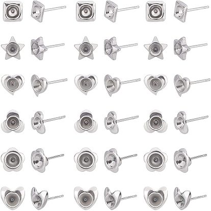 120Pcs Heart & Flower & Star & Square 304 Stainless Steel Ear Stud Components, for Pointed Back Rivoli Rhinestone