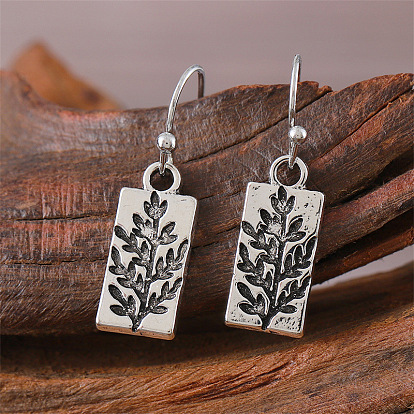 Серьги-подвески из цинкового сплава в форме прямоугольника с узором из листьев