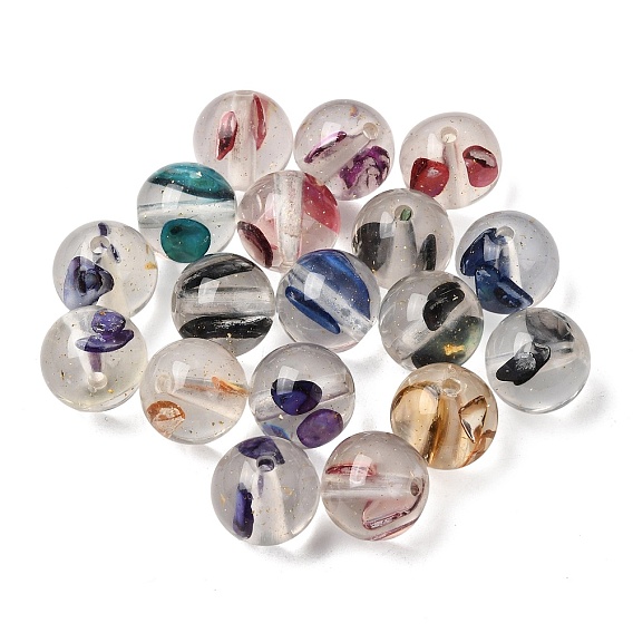 Transparent Resin & Natural Shell Beads, Round, with Glitter Powder