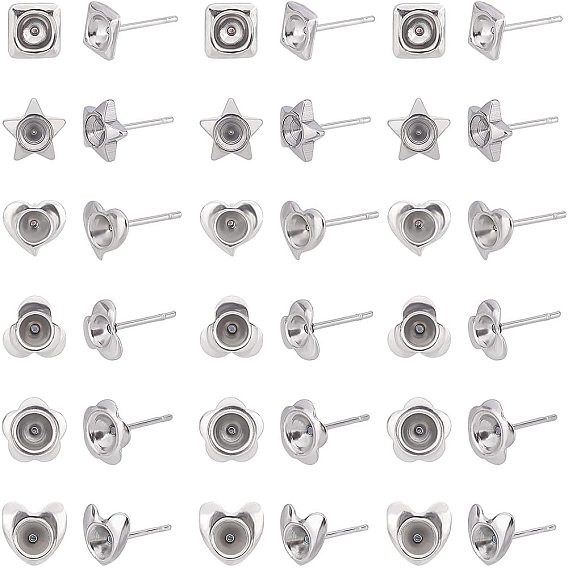 120Pcs Heart & Flower & Star & Square 304 Stainless Steel Ear Stud Components, for Pointed Back Rivoli Rhinestone