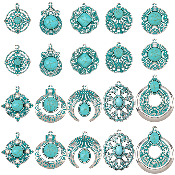 20 pièces 10 styles bohèmes pendentifs en alliage et acrylique, patine platine et bleue