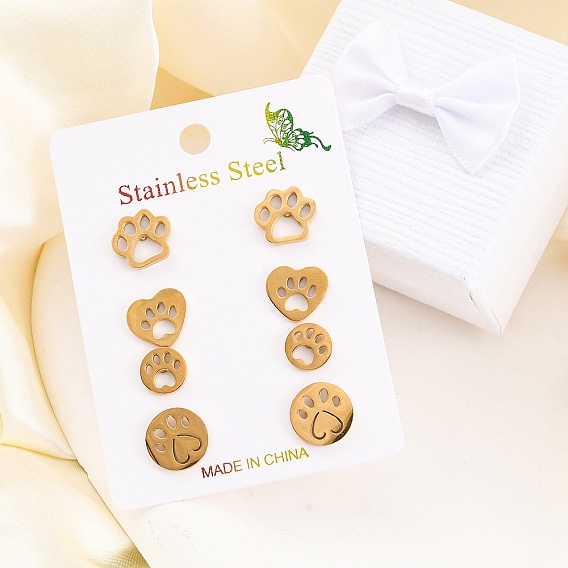 304 комплекты сережек-гвоздиков из нержавеющей стали, отпечаток лапы