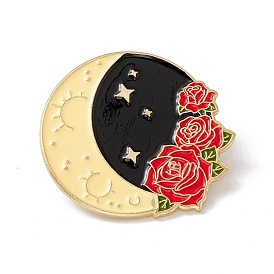 Moon with Rose Flower Enamel Pin, Alloy Badge for Backpack Clothes, Golden